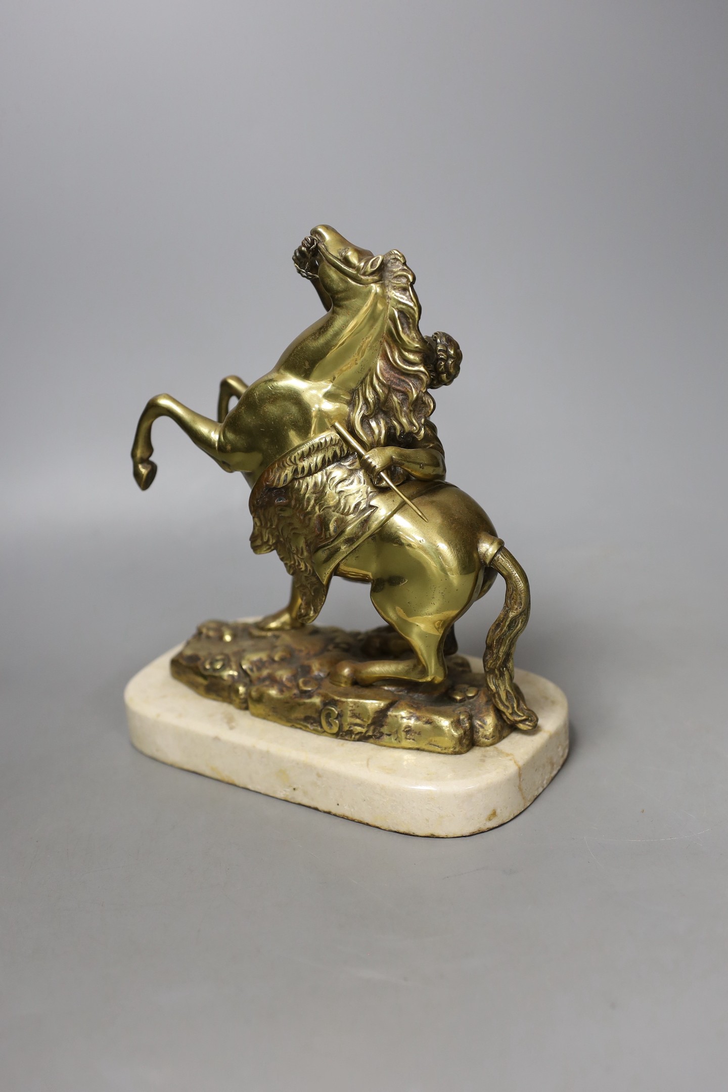 A bronze Marly horse group, on a marble plinth base - 20cm tall